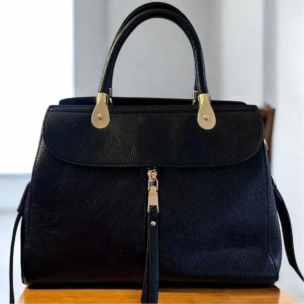 Huada Structured Black Vegan Leather Satchel Handbag Gold Hardware Crossbody